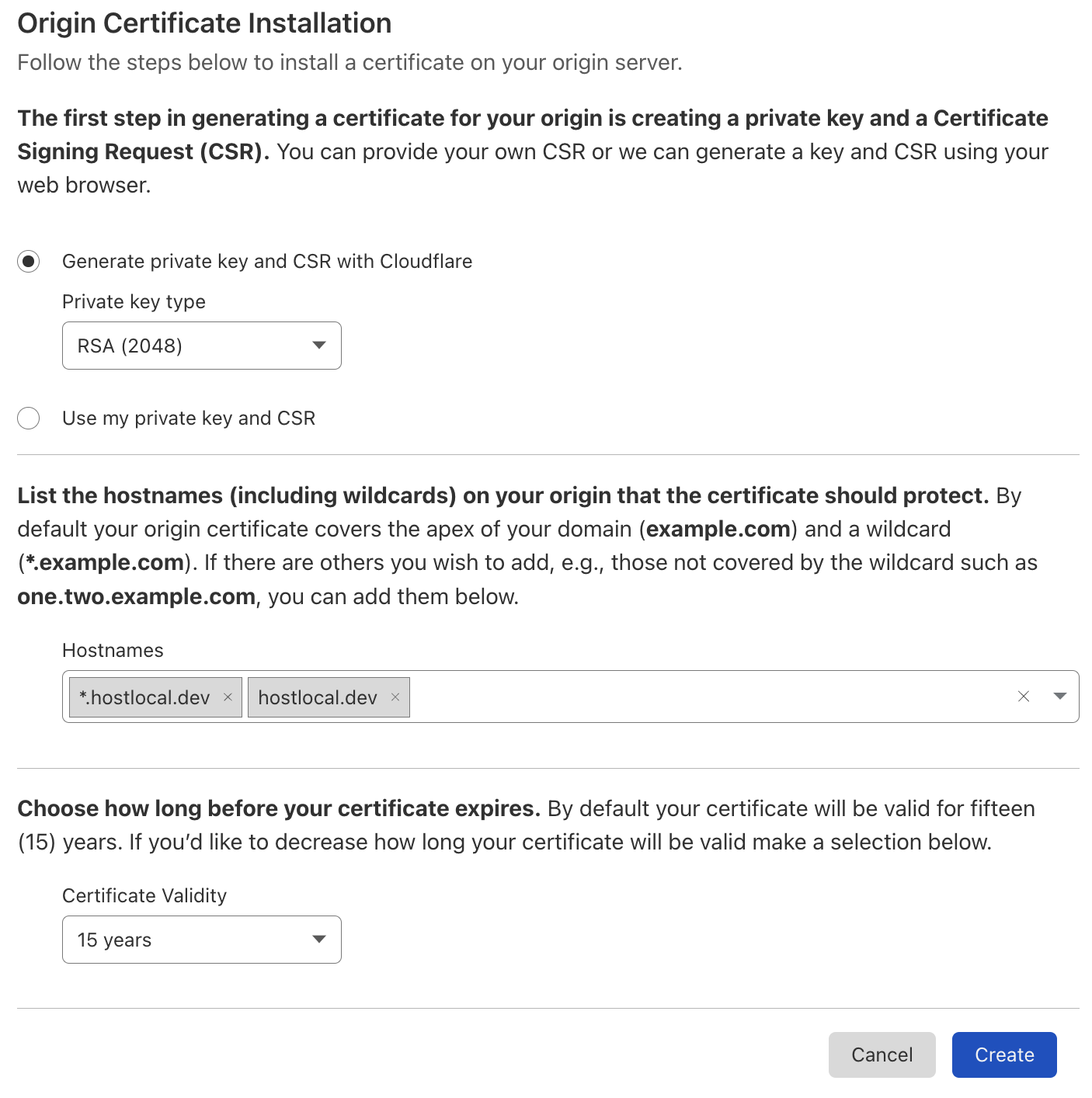 Cloudflare origin CA creation options